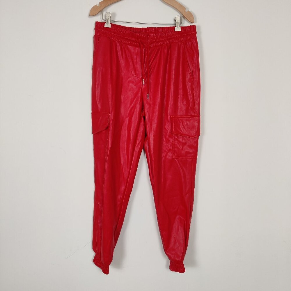 Forever 21 Women's Faux Leather Pants Size M Red Shiny Cargo Casual Party Dinner